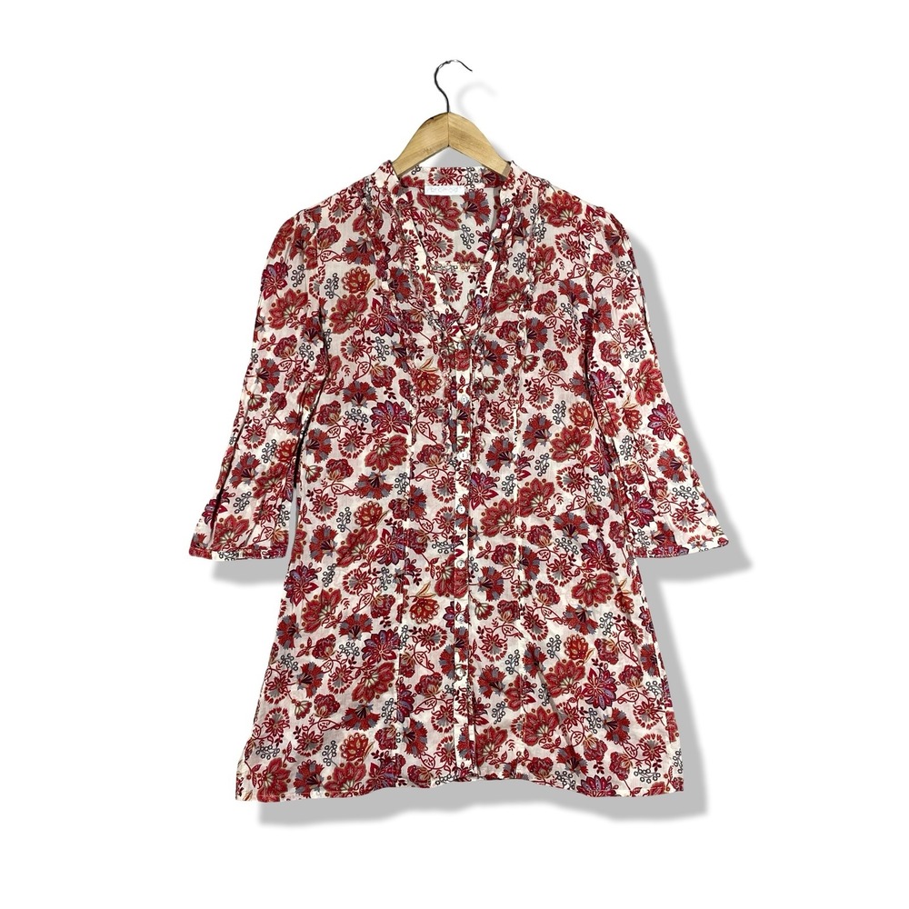 Promod Button Up Tunic Women Small Red Floral Boho 3/4 Sleeve Cotton Blouse